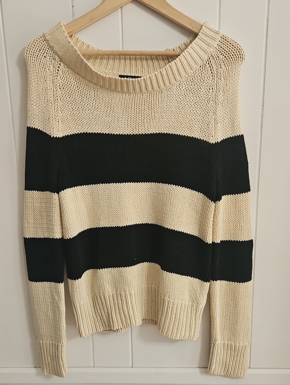 Gap Chunky Knit Black Cream Striped Boat Neck Sweater M Coastal Preppy